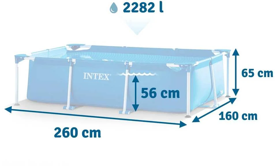 Intex Stačiakampis karkasinis baseinas, lengvai pastatomas sodo baseinas, šeimos lauko baseinas, 2282 litrų talpa, 260 x 160 x 65 cm