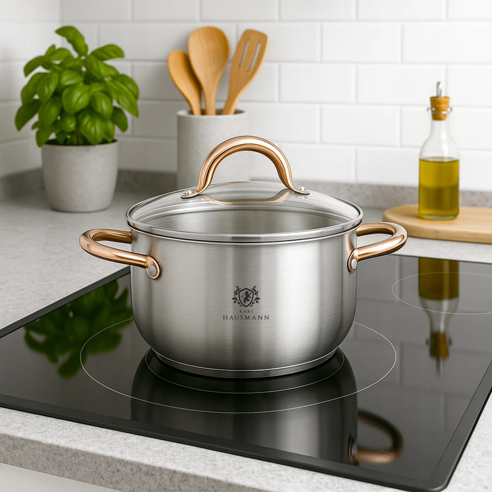 Karl Hausmann INDUKCINĖS DUJINĖS NERŪDIJANTOJO PLIENO 1,6L 16cm SU DANČIU AUKSINIU