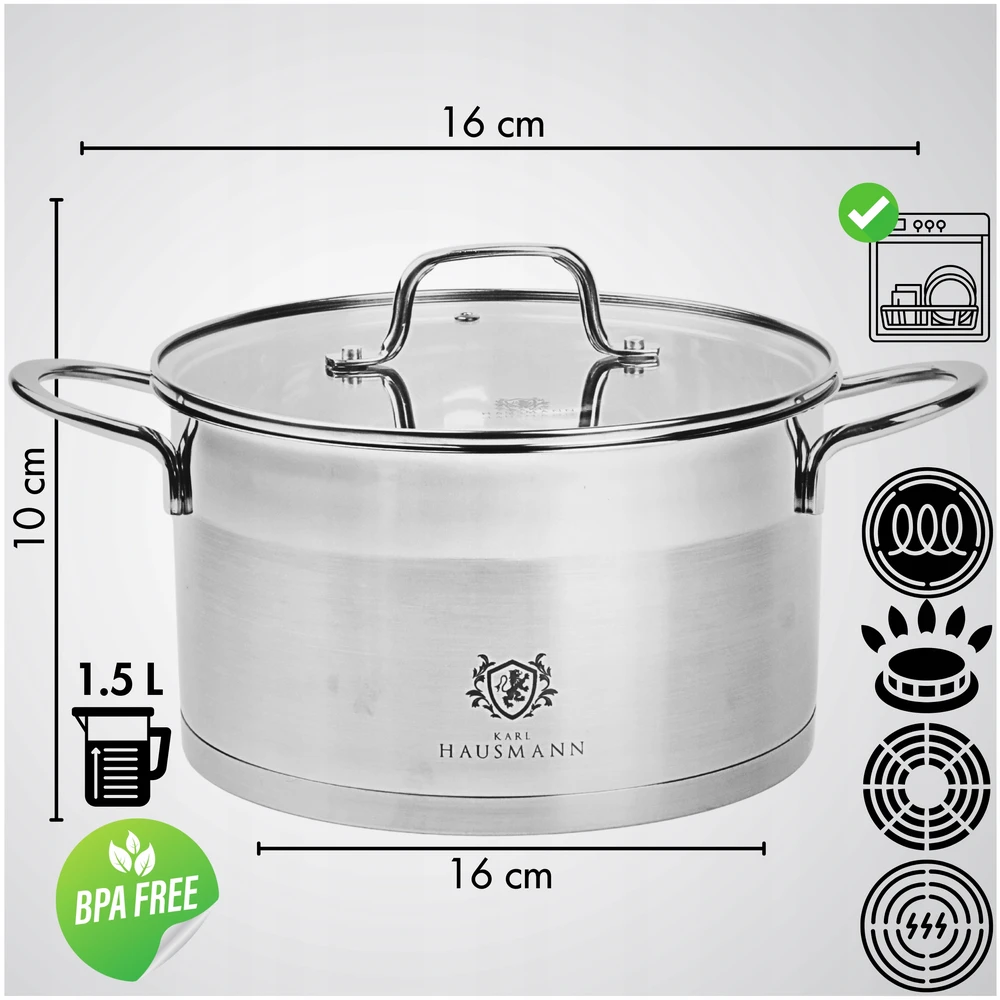 Karl Hausmann INDUKCINIS PUODAS DUJINIS PLIENAS 18/10 1,9L 16cm INDUKCINIAI PUODAI SU DANGIU