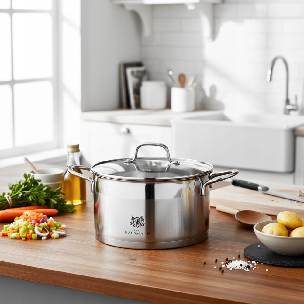 Karl Hausmann INDUKCINIS PUODAS DUJINIS PLIENAS 18/10 3.6L 20CM SU DANČIU INDUKCINIAI PUODAI