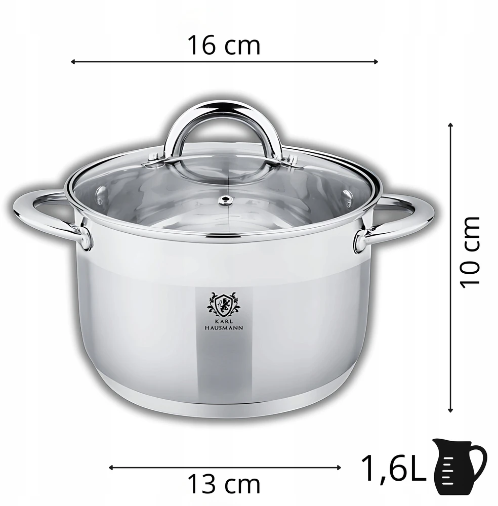 Karl Hausmann PLIENINIS PUODAS 1,6L INDUKCINĖMS DUJOMS, NERŪDŽIASIS PLIENAS, STIKLINIS dangtelis