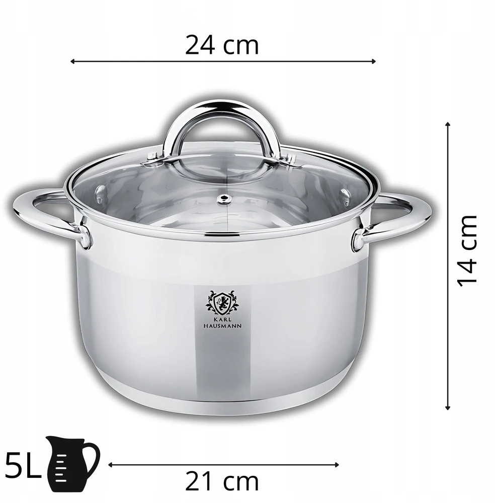 Karl Hausmann PLIENINIS PUODAS 5L INDUKCINIAM NERŪDIJANČIO PLIENO DUJINIU STIKLO DANGIUI 24cm