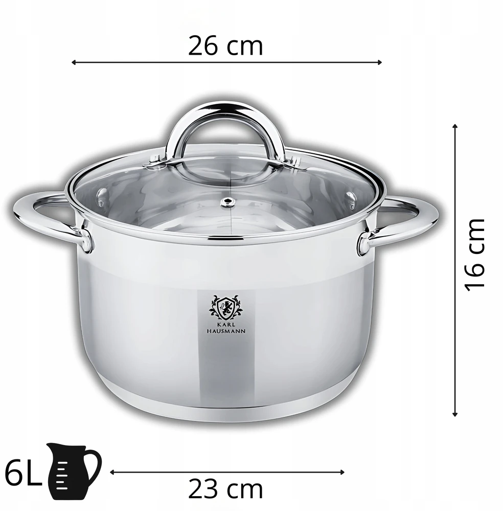 Karl Hausmann PLIENINIS PUODAS 6L INDUKCINIAM NERŪDIJANČIO PLIENO DUJINIU STIKLO DANGIUI 26cm
