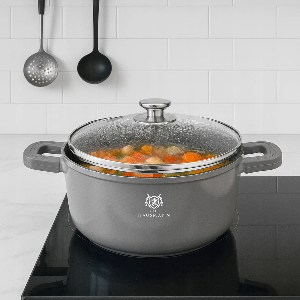 Karl Hausmann PUODAS INDUKCINIS DUJINIS GRANITINIS PUODAS 4,4L 24cm DANGINIS APVALUS PUODAS PILKAS