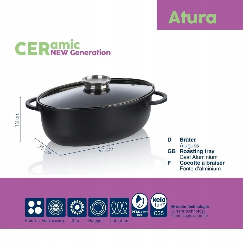Kela Puodo indas Atura iš lietaus aliuminio juodas 45x28x13 cm 8,0 l