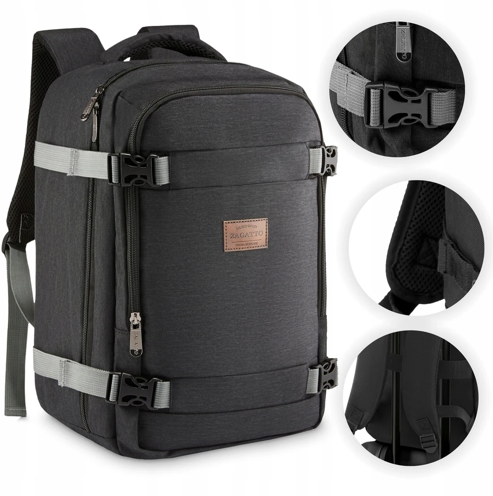 Zagatto Lengva rankinio bagažo kuprinė 40x25x20 cm su 5 kišenėmis, juoda