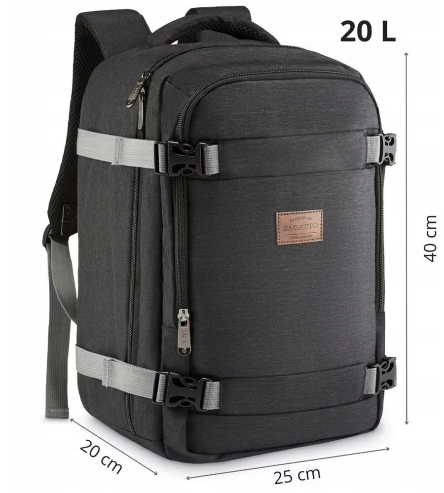 Zagatto Lengva rankinio bagažo kuprinė 40x25x20 cm su 5 kišenėmis, juoda
