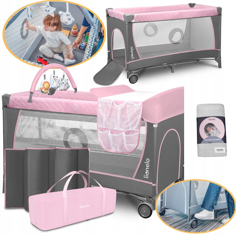 Kelioninė lovelė-maniežas 2in1 su vystymo stalu, 2 aukštai – Lionelo Flower Flamingo