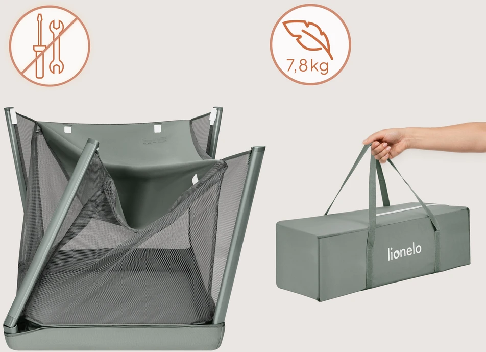 Kelioninė lovytė 2in1 su 4 cm čiužiniu iki 36 mėn. Lionelo Mila Žalias Sage