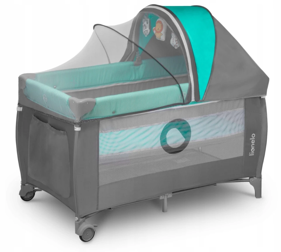 Kelioninė lovytė-maniežas su vystymo stalu iki 15 kg Lionelo Sven Plus Turquoise/Pilkas