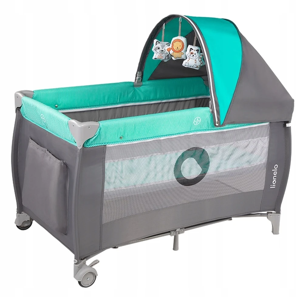 Kelioninė lovytė-maniežas su vystymo stalu iki 15 kg Lionelo Sven Plus Turquoise/Pilkas