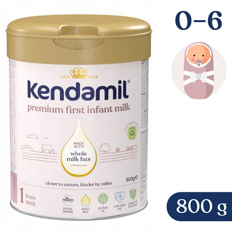 Kendamil 1 pradinės formulės pienas 800g be žuvies ir palmių aliejaus