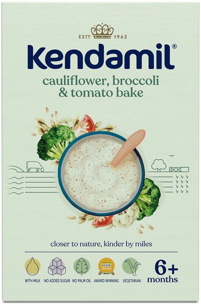 KENDAMIL GRŪDAI IR PIENO GRŪDŽIAI SU BROKOLIAIS, ŽIEDIJOMIS IR POMOMORIAIS 150g