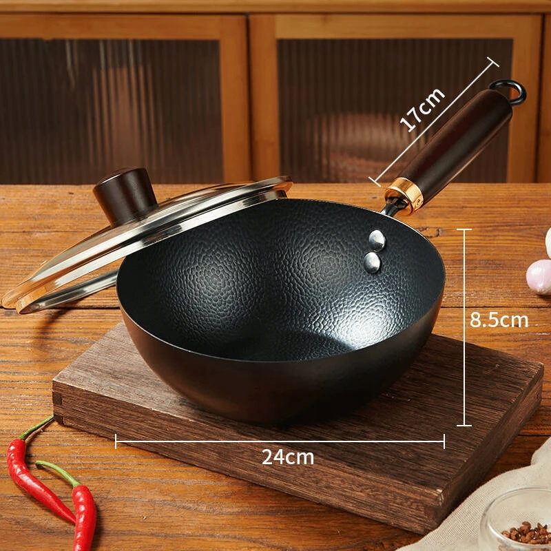 Ketaus puodas 24 cm mažas Wok pieno neprideganti keptuvė su dangčiu