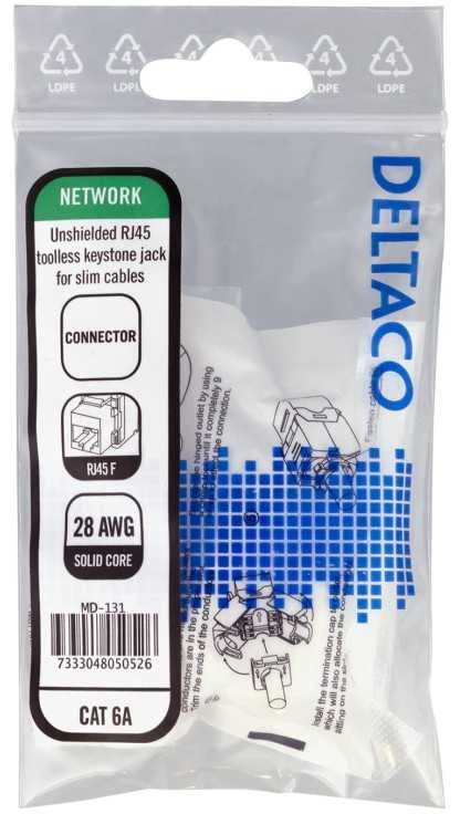 Keystone jungtis DELTACO UTP Cat6a, neekranuota, 28AWG, plona / MD-131