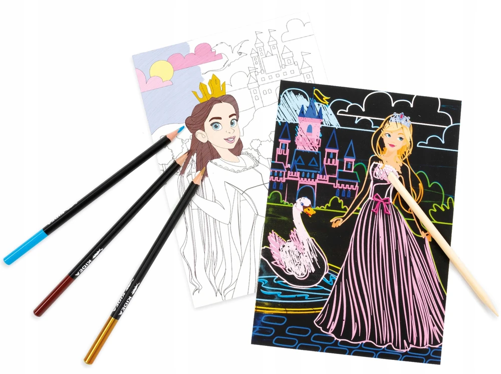 „Kidea 2IN1 PRINCESS“ įbrėžimų knygelė ir spalvinimo knygelė, 6 dizainai + rašiklis