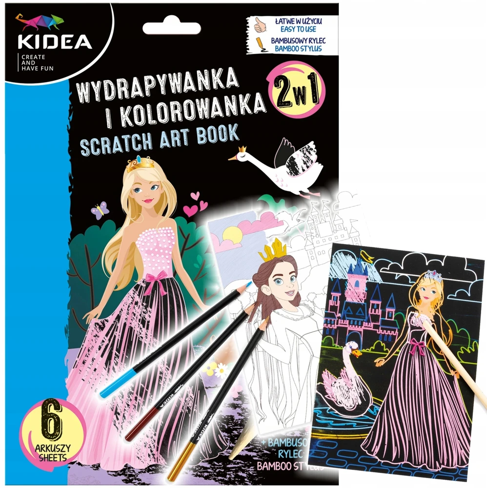 „Kidea 2IN1 PRINCESS“ įbrėžimų knygelė ir spalvinimo knygelė, 6 dizainai + rašiklis