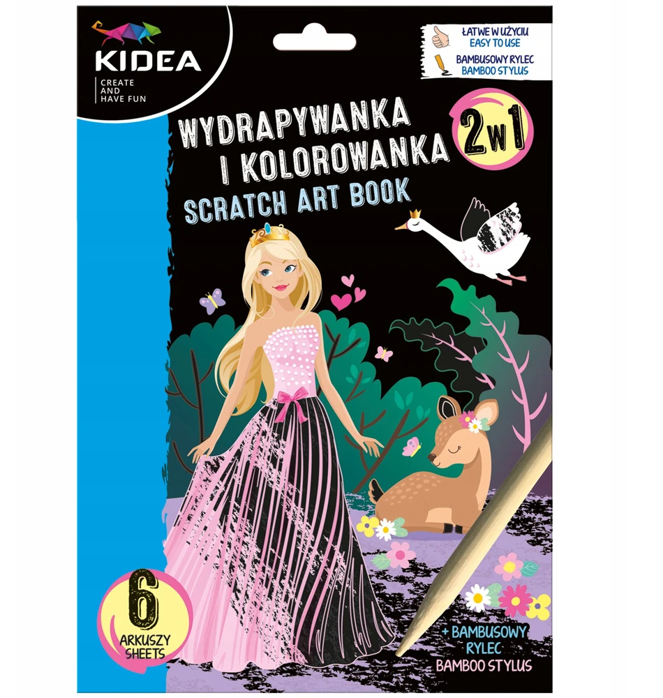 „Kidea 2IN1 PRINCESS“ įbrėžimų knygelė ir spalvinimo knygelė, 6 dizainai + rašiklis