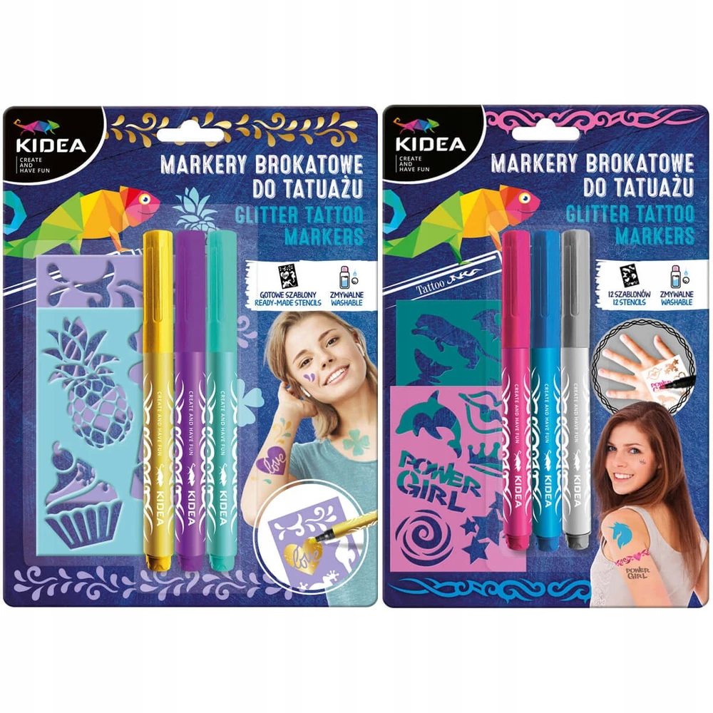 Kidea 6 blizgančių tatuiruočių žymeklių rinkinys + šablonai