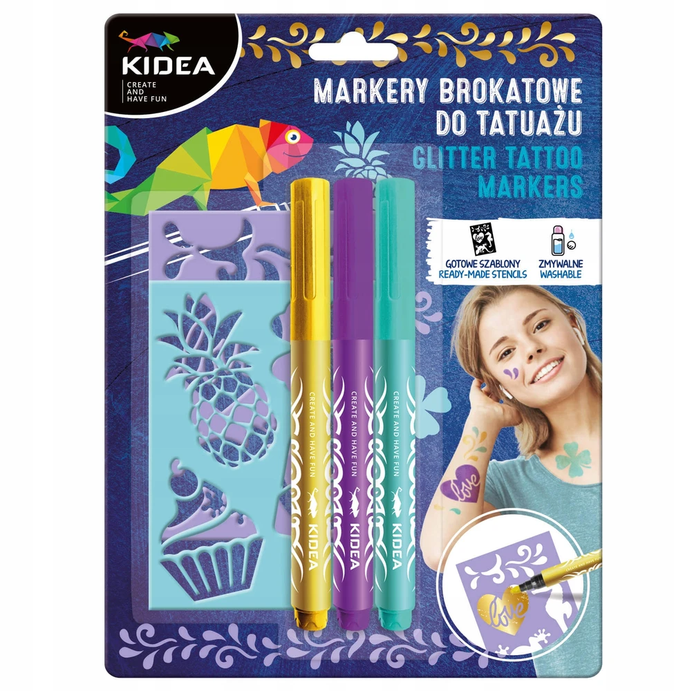 Kidea 6 blizgančių tatuiruočių žymeklių rinkinys + šablonai