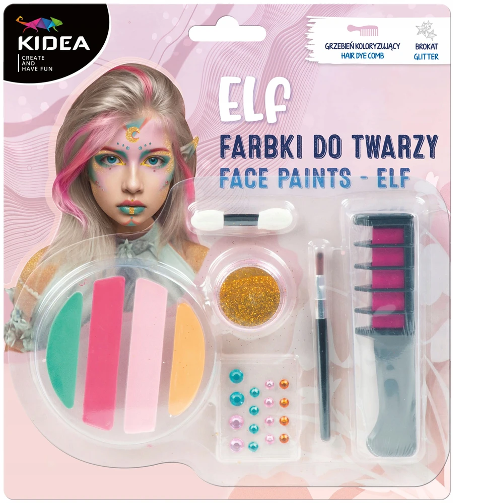 Kidea Elf veido dažų rinkinys su blizgučiais ir plaukų dažymo šukomis