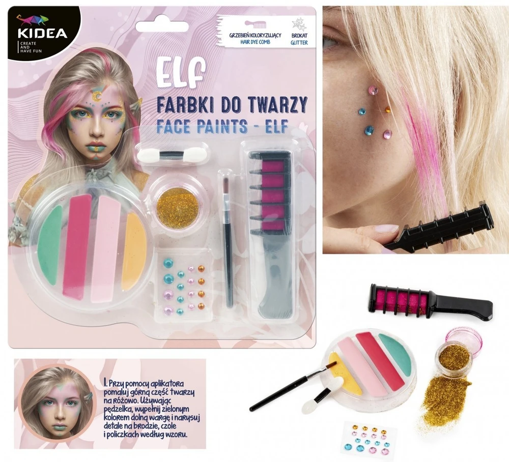 Kidea Elf veido dažų rinkinys su blizgučiais ir plaukų dažymo šukomis