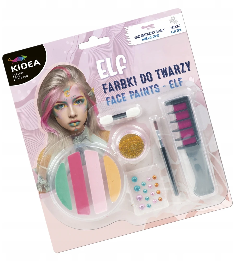 Kidea Elf veido dažų rinkinys su blizgučiais ir plaukų dažymo šukomis