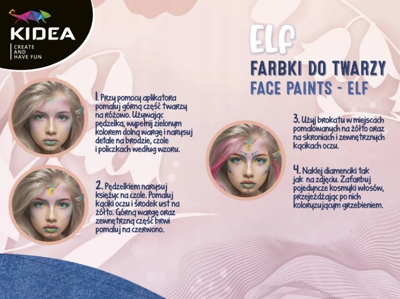 Kidea Elf veido dažų rinkinys su blizgučiais ir plaukų dažymo šukomis