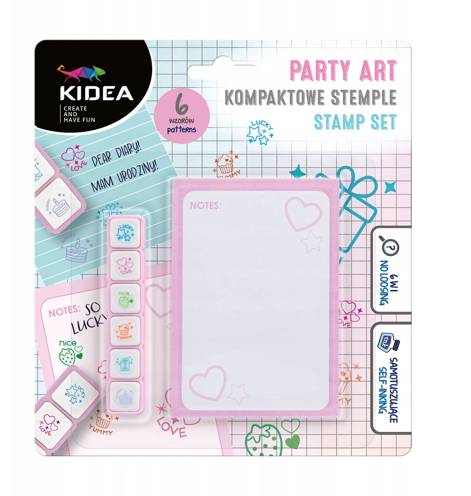 Derform Kidea "party Art" antspaudų rinkinys su užrašų knygute, 6 vnt.