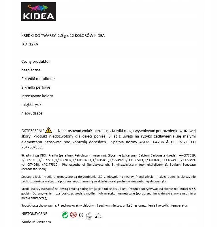 Kidea veido dažai 12 spalvų. „Kidea“ (KDT12KA)