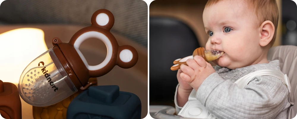 Kidnort 2in1 rudas silikoninis dantukas skirtas maistui nuo 4 mėn