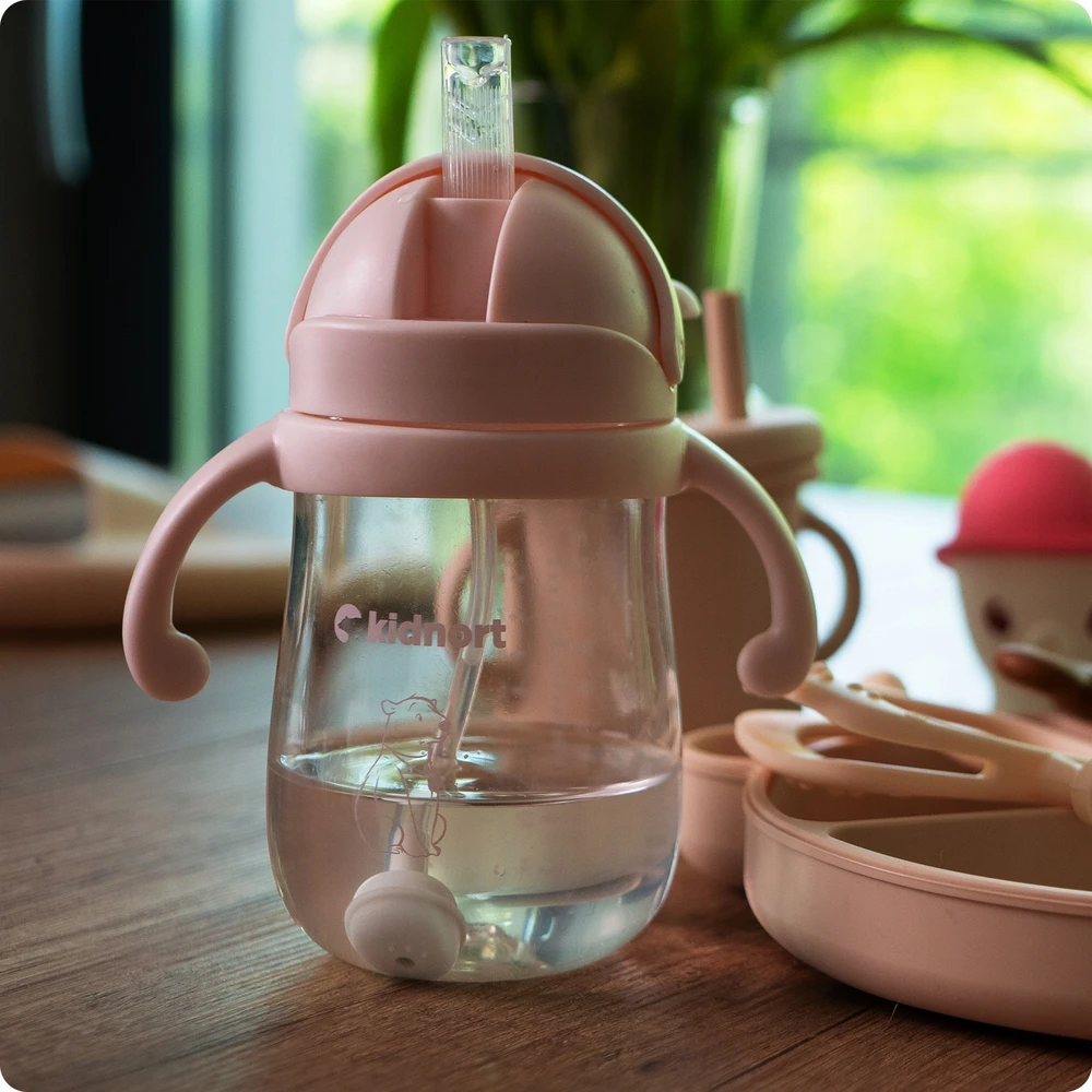 Kidnort Bringebaer neišsiliejantis buteliukas 240ml rožinis, gravitacinis šiaudelis, 6m+ BE BPA