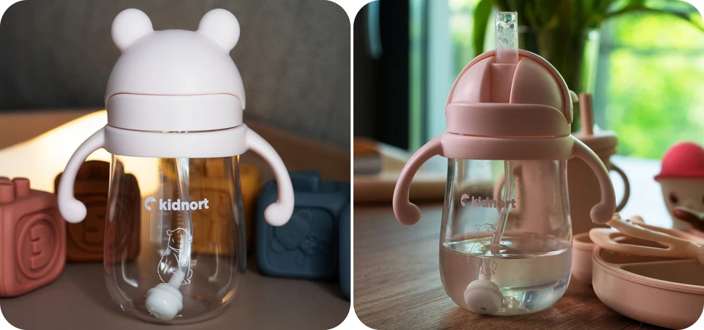Kidnort Bringebaer neišsiliejantis buteliukas 240ml rožinis, gravitacinis šiaudelis, 6m+ BE BPA
