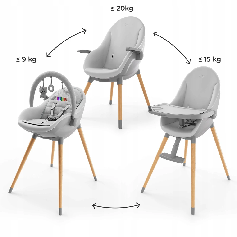 Kinderkraft FINI UP 3in1 maitinimo kėdutė, reguliuojamas padėklas, dirželiai