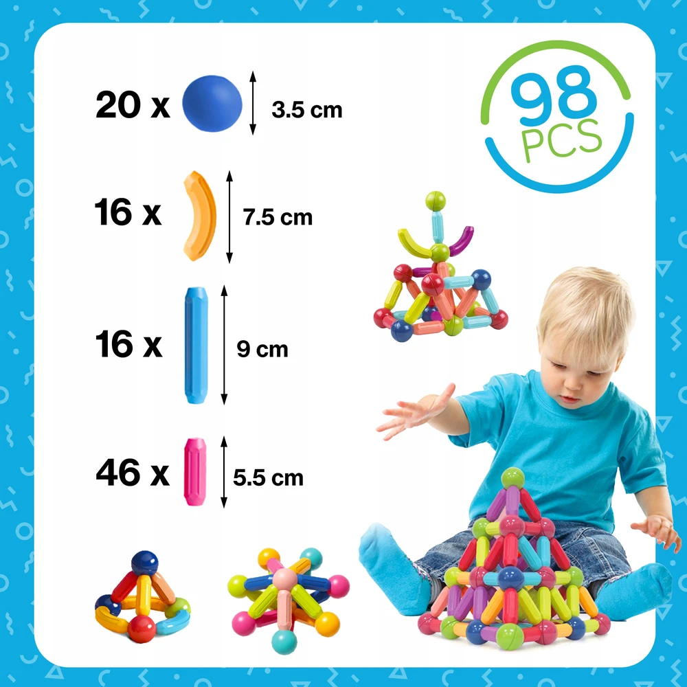 Kinderplay DIDŽIEJI MAGNETINIAI BLOKAI, KONSTRUKCIJA, MOKYMO LAIDOS, XXL LAZDOS, 98 vnt.