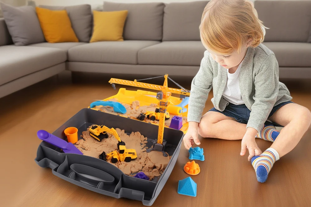 KINETINIS SMĖLIS 1,5kg STATYBINĖS TRANSPORTO PRIEMONĖS DIDELIS XXL RINKINYS VAIKAMS + ŽENKLAI