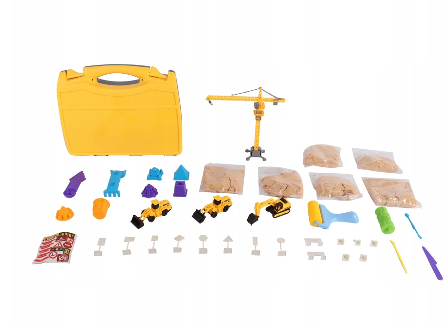 KINETINIS SMĖLIS 1,5kg STATYBINĖS TRANSPORTO PRIEMONĖS DIDELIS XXL RINKINYS VAIKAMS + ŽENKLAI