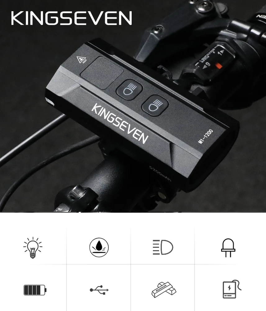 KINGSEVEN Galinga BIKE lempa LED lemputė priekinis + galinis 1200lm žibintuvėlis 5200mAh BIKE