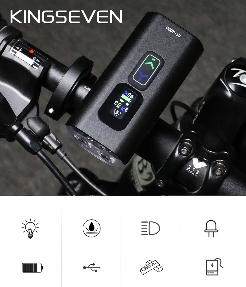 KINGSEVEN Galinga BIKE lempa LED lemputė priekinis + galinis 2000lm žibintuvėlis 10000mAh BIKE