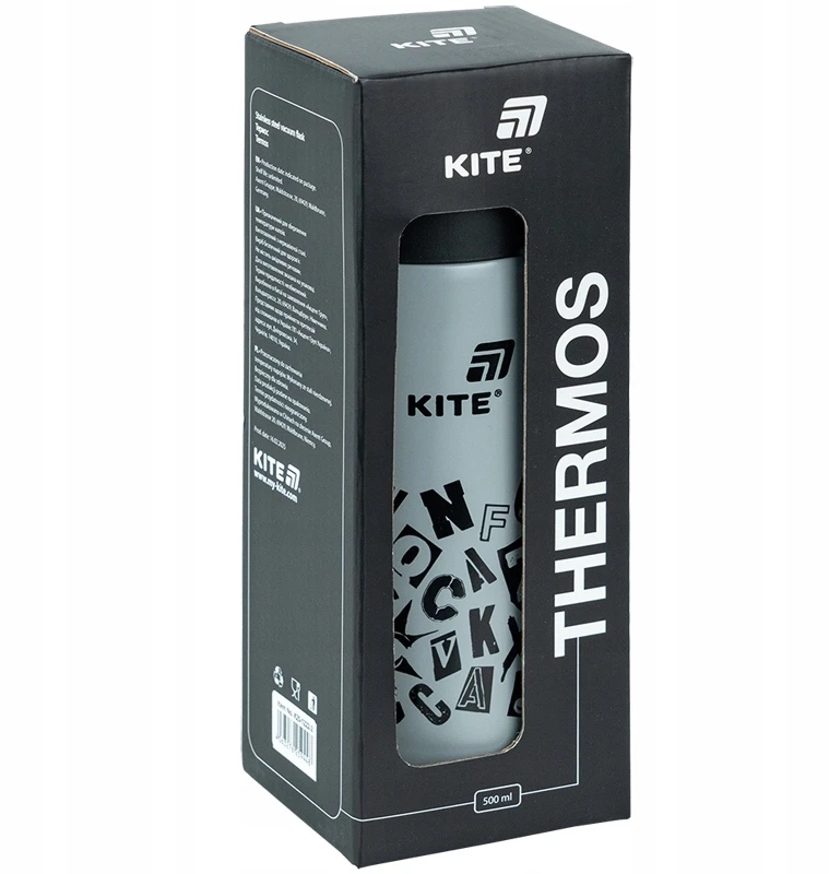 Kite Termosas su puodeliu vaikams, pilkas su metaliniu sieteliu, 500 ml, su aitvarų raštais