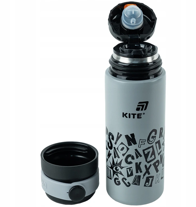 Kite Termosas su puodeliu vaikams, pilkas su metaliniu sieteliu, 500 ml, su aitvarų raštais