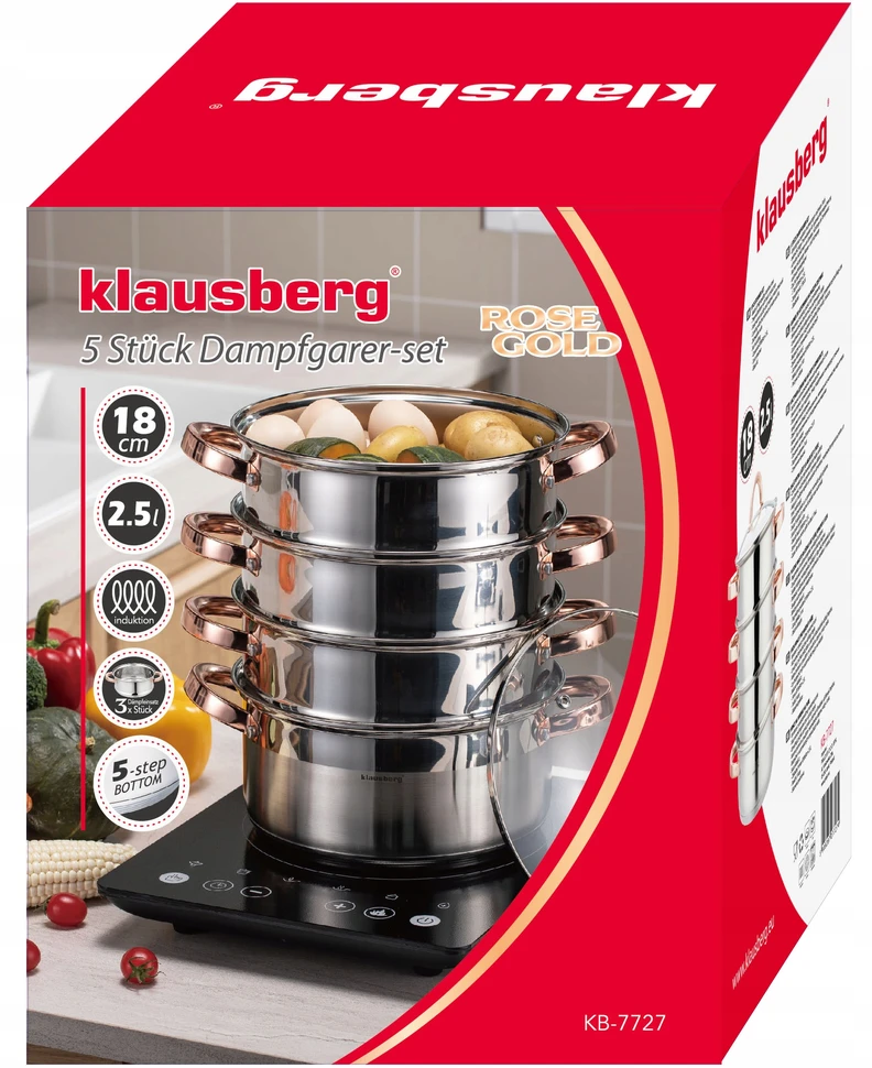 Klausberg 2,5L GARINIS PUODAS, indukcinis, nerūdijančio plieno puodas + 3 Įdėklai