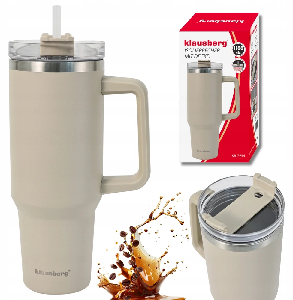 Puodelis Termosinis puodelis su šiaudeliu, smėlio spalvos, 1100 ml, nerūdijančio plieno, klausberg, kb-7944