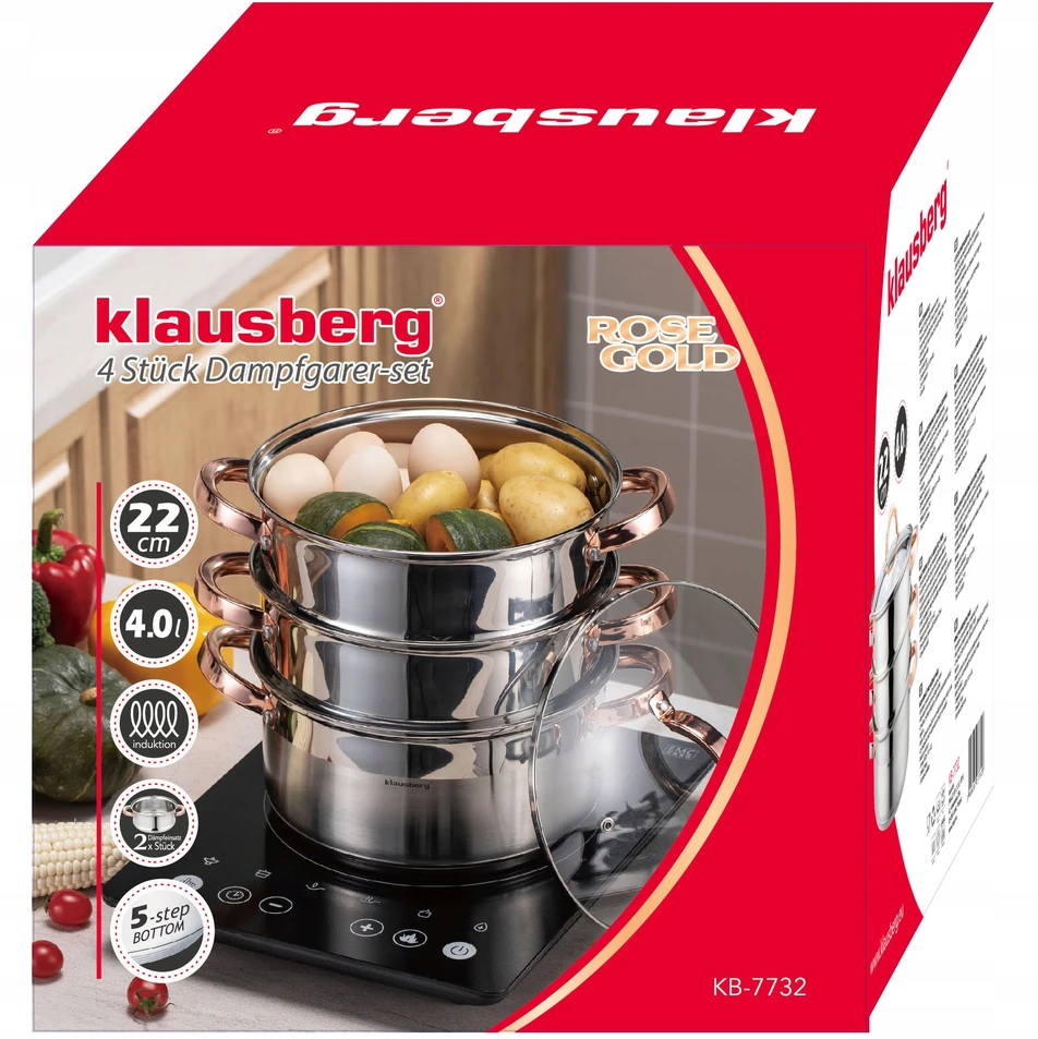 Klausberg PUODAS 4 L GARO indukcinis nerūdijančio plieno puodas + 2 Įdėklai 22 cm