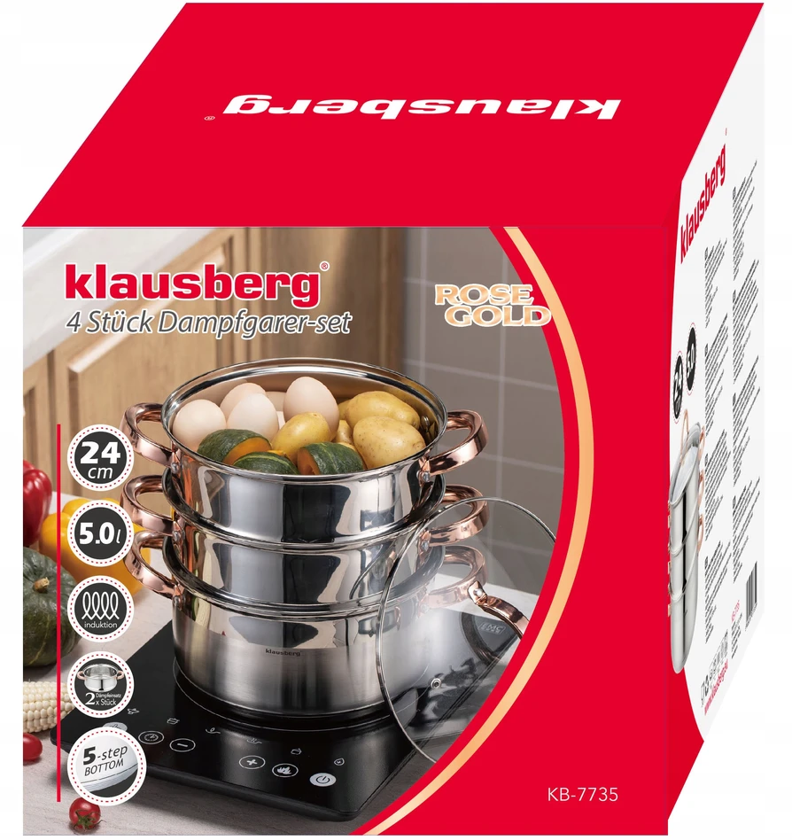 Klausberg PUODAS 5 L GARO virimo indukcinis nerūdijančio plieno puodas + 2 Įdėklai 24 cm
