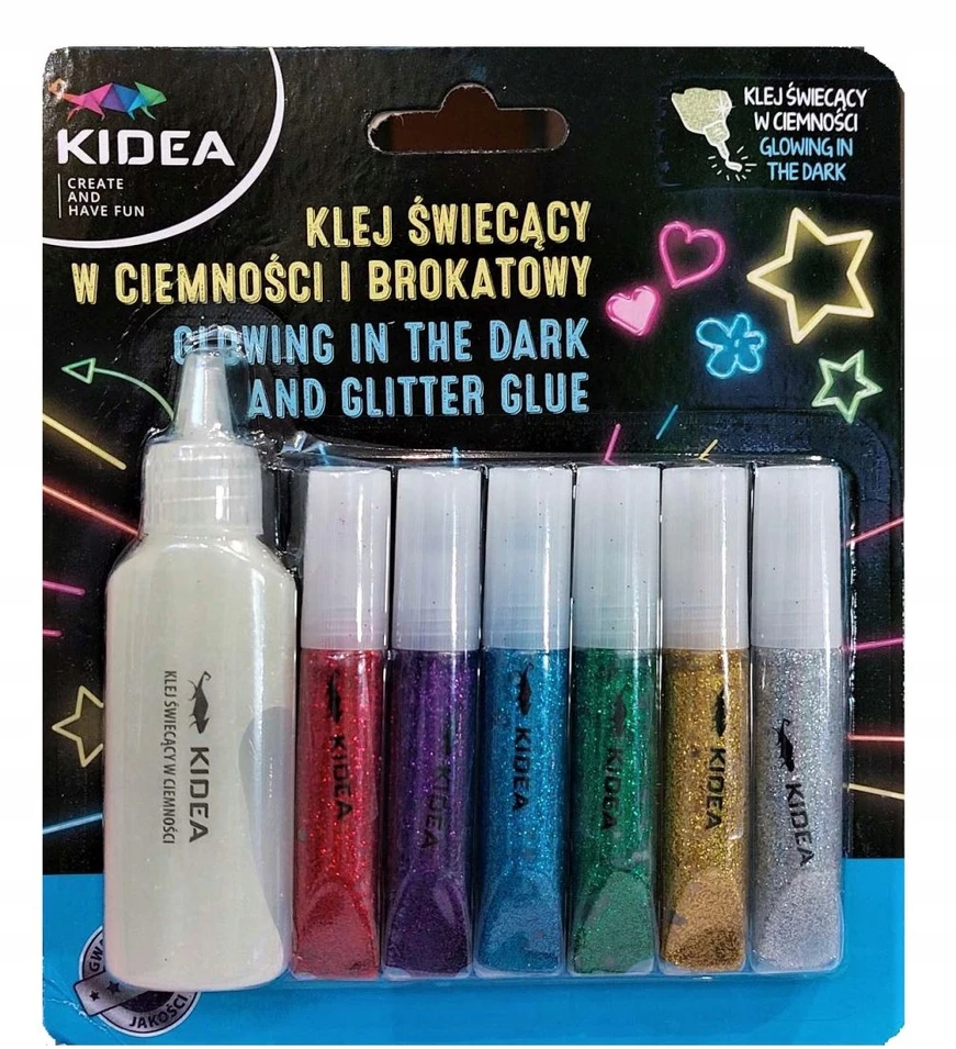 klej ŚWIECĄCY W CIEMNOŚCI i BROKATOY 1+6 KIDEA 9568