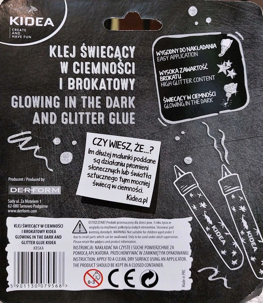 klej ŚWIECĄCY W CIEMNOŚCI i BROKATOY 1+6 KIDEA 9568