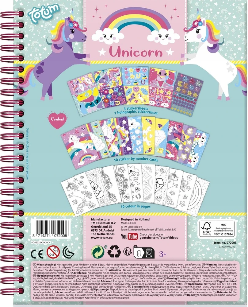 TOTUM kūrybinė lipdukavimo pagal skaičius knyga Unicorn, 072008