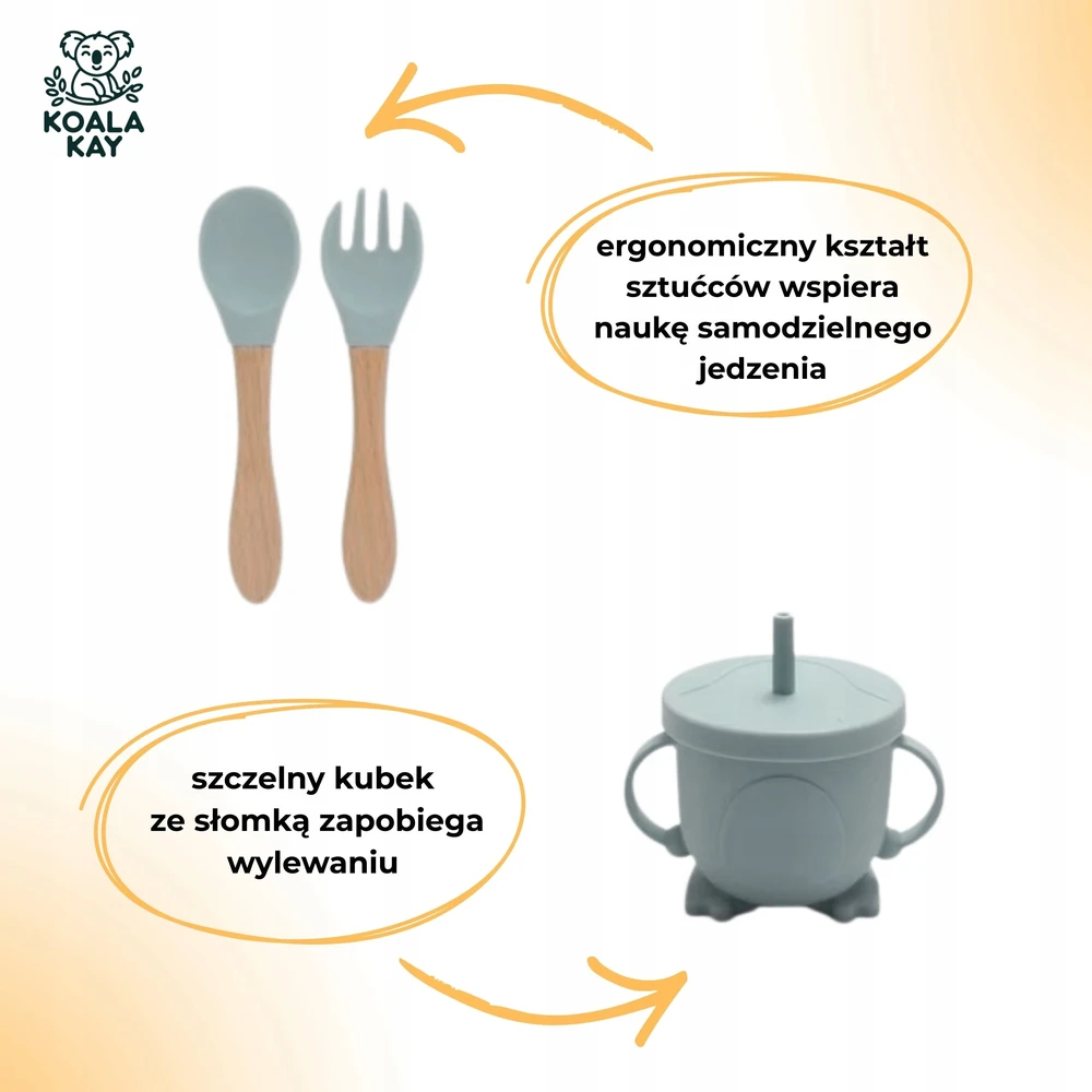 Koala Kay Rinkinys 5in1 Silikoninis seilinukas, dubuo, stalo įrankiai, puodelis, seifas, be BPA