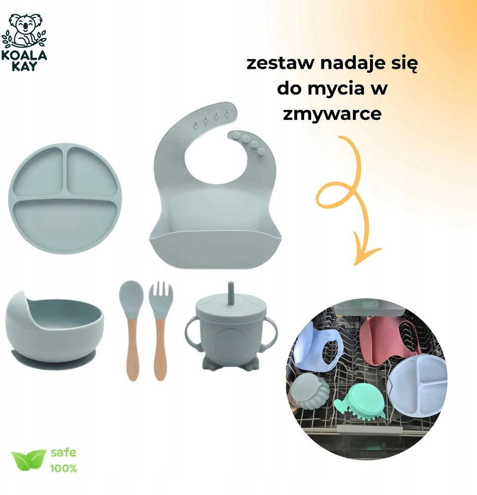 Koala Kay Rinkinys 5in1 Silikoninis seilinukas, dubuo, stalo įrankiai, puodelis, seifas, be BPA
